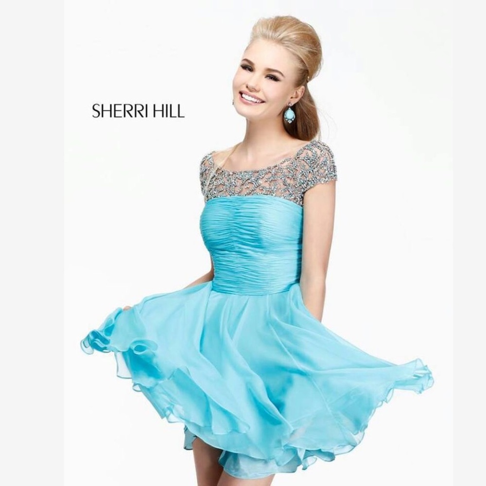 Sherri Hill 11039 Blue Sky Beaded Chiffon Homecoming Prom Dress Size 10